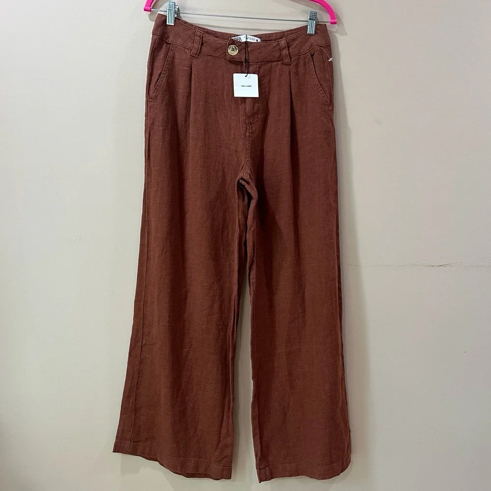 ZARA Terracotta Linen Wide Leg Pleated Pants Rust Brown Boho Trouser Women’s M